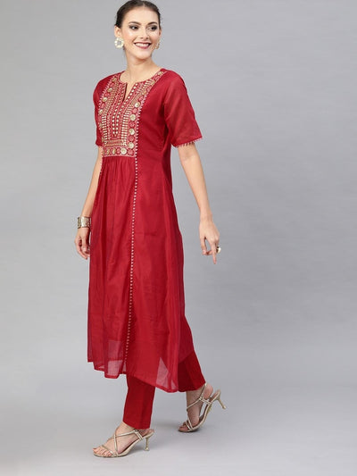 Women Red Embroidered Kurta with Trousers - Inddus