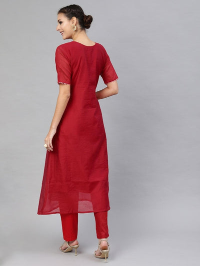 Women Red Embroidered Kurta with Trousers - Inddus