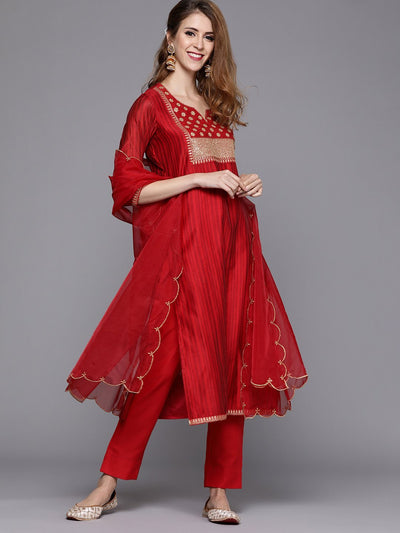 Women Red Embroidered Kurta with Trousers & Dupatta - Inddus