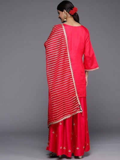 Women Red Floral Embroidered Sequinned Kurta with Sharara & With Dupatta - Inddus.in