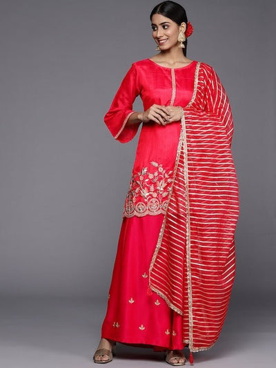 Women Red Floral Embroidered Sequinned Kurta with Sharara & With Dupatta - Inddus.in