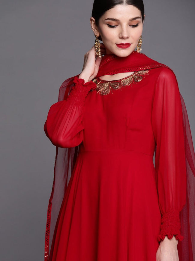 Women Red & Gold-Toned Embroidered Georgette Anarkali Kurta Inddus.in