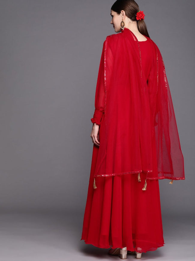 Women Red Gold-Toned Embroidered Georgette Anarkali Kurta–