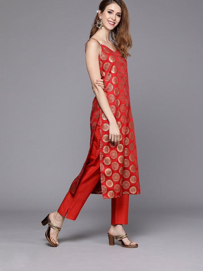 Indian Women Red & Golden Foil Print Kurta Kurti Top Tunic Designer Dress  Kameez | eBay