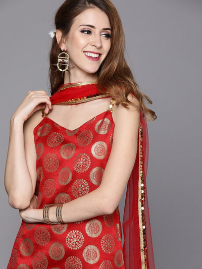 Women Red & Gold-Toned Silk Blend Woven Design Kurta with Trousers & Dupatta - Inddus