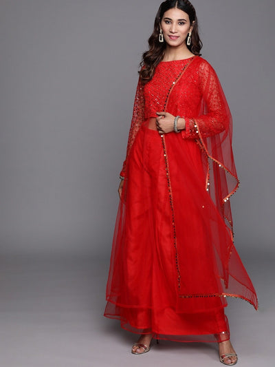 Women Red Sequinned Top with Palazzos & Dupatta - Inddus