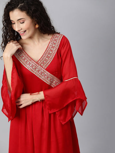Women Red Solid Maxi Dress with Embroidery - Inddus