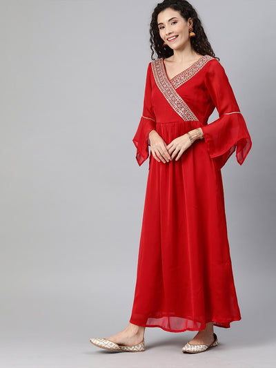 Women Red Solid Maxi Dress with Embroidery - Inddus