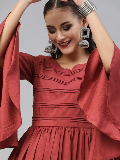 Women Red Solid Tiered Fit and Flare Dress - Inddus.in