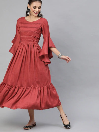Women Red Solid Tiered Fit and Flare Dress - Inddus.in