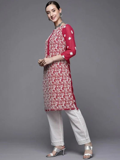 Women Red & White Ethnic Motifs Embroidered Georgette Kurta - Inddus.in