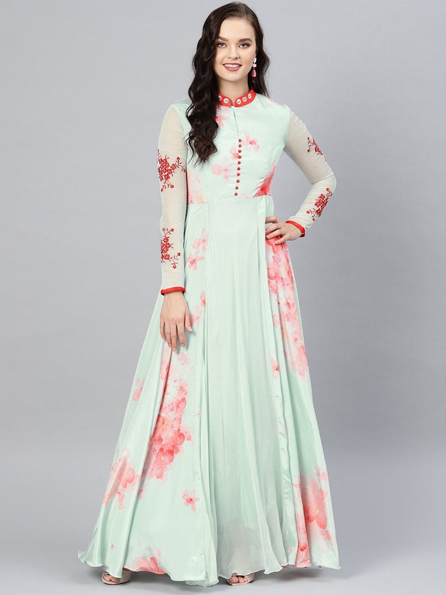 Buy Blue Bemberg Satin Chinese Collar Valentina Full Sleeve Maxi Dress For  Women by Scarlet Sage Online at Aza Fashions.