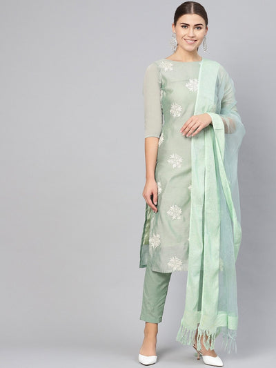 Women Sea Green & White Embroidered Kurta with Trousers & Dupatta - Inddus