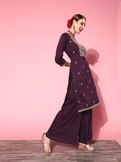 Women Solid Silk Blend Ethereal Embroidery Kurta Set - Inddus.in