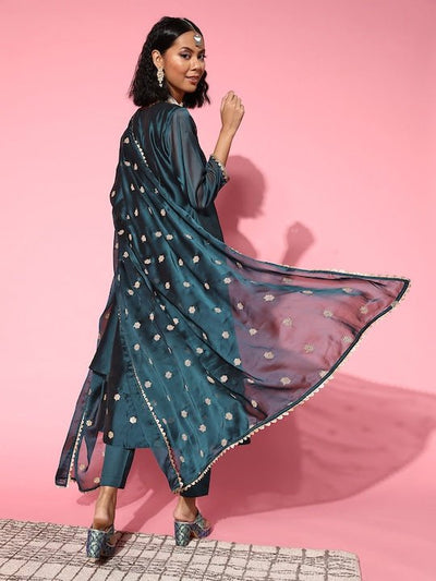 Women Solid Silk Blend Ethereal Embroidery Kurta Set - Inddus.in