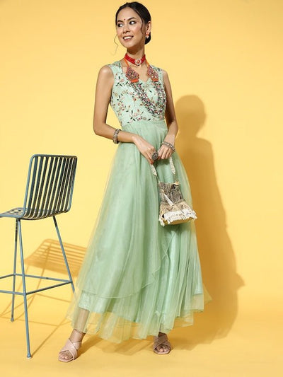 Women Stylish Green Floral Ethereal Embroidery Dress - Inddus.in