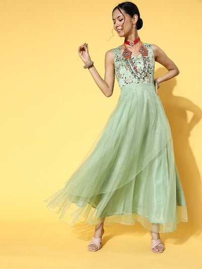 Women Stylish Green Floral Ethereal Embroidery Dress - Inddus.in