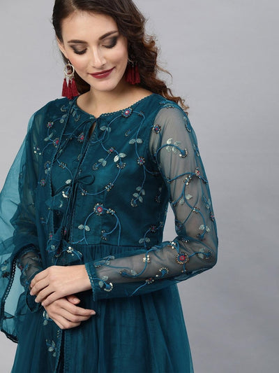 Women Teal Blue Embroidered High Slit Kurta with Trousers & Dupatta - Inddus