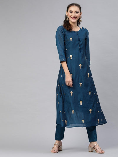 Women Teal Blue Embroidered Kurta with Trousers - Inddus