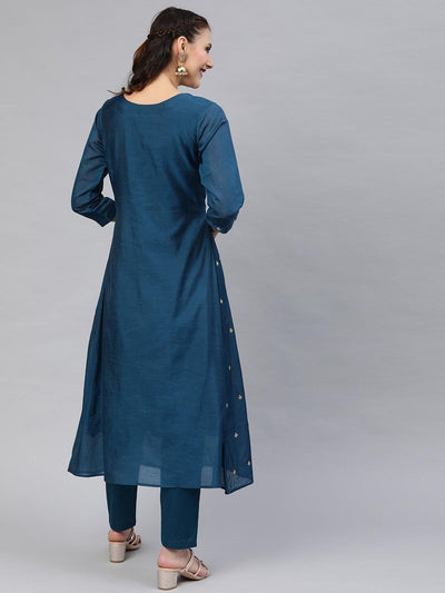 Women Teal Blue Embroidered Kurta with Trousers - Inddus