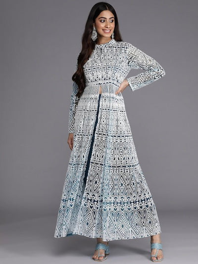 Women Teal Blue & White Embroidered High Slit Thread Work Kurta with Trousers - Inddus.in