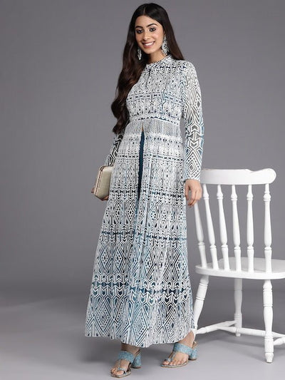 Women Teal Blue & White Embroidered High Slit Thread Work Kurta with Trousers - Inddus.in