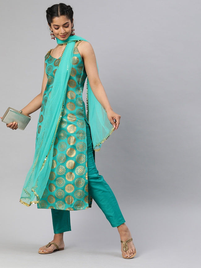 women turquoise blue golden woven design sequinned kurta with trousers dupatta