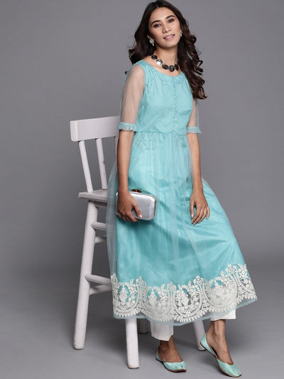 Women Turquoise Blue Solid Net A-Line Kurta With Embroidered Hem - Inddus