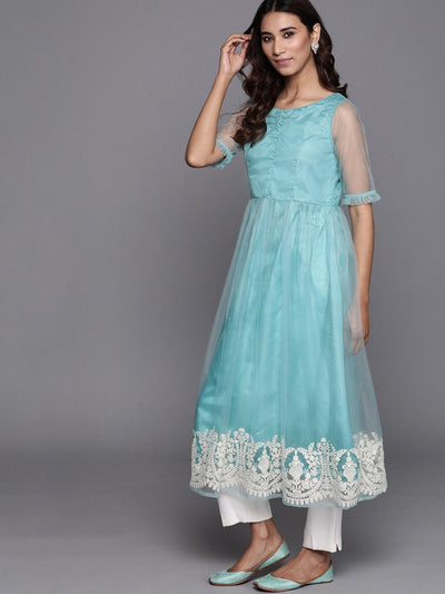 Women Turquoise Blue Solid Net A-Line Kurta With Embroidered Hem - Inddus