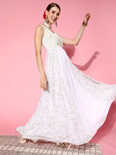 Women White Floral Ethereal Embroidery Dress - Inddus.in