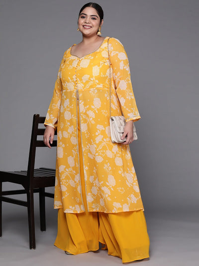 Women Yellow & Off-White Floral Printed Front Slit Detail Kurta with Palazzos - Inddus.in