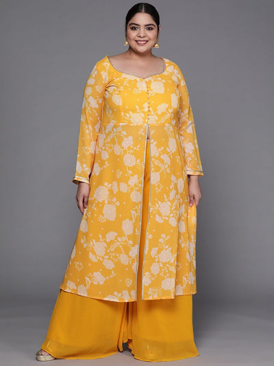 Women Yellow & Off-White Floral Printed Front Slit Detail Kurta with Palazzos - Inddus.in