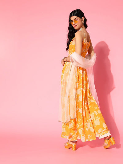 Yellow Floral Printed Georgette Kurta with Net Dupatta - Inddus.in