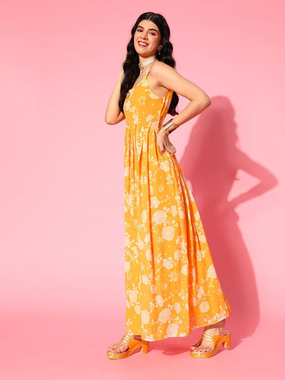 Yellow Floral Printed Georgette Kurta with Net Dupatta - Inddus.in