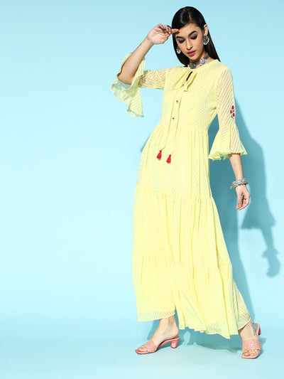 Yellow Polyester Partywear Solid Dresses - Inddus.in