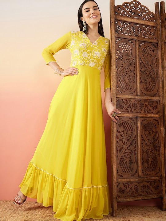 Yellow Sequence Embroidered Flared Maxi Ethnic Dresses Inddus.in Yellow Sequence Embroidered Flared Maxi Ethnic Dresses Inddus.in